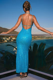 Embellished Cut Out Halterneck Maxi Dress in Turquoise