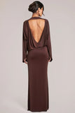Long Sleeve Draped Maxi Dress in Chocolate Brown