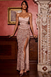 Embellished Mid Rise Thigh Split Maxi Skirt in Rose Gold
