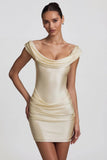 Satin Off Shoulder Draped Mini Dress in Ivory