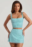 Embellished Low Rise Mini Skirt in Aqua Blue