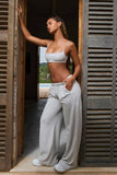 Textured Cotton Button Low Rise Wide Leg Joggers in Light Grey
