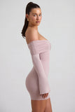 Modal Cashmere Blend Off Shoulder Ruched Mini Dress in Taupe