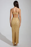 Embellished Cowl Neck Maxi Dress in Gold