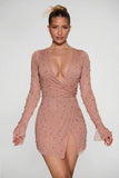 Embellished Wrap Over A Line Mini Dress in Beige