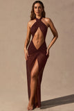 Cut Out Halterneck Maxi Dress in Espresso Brown