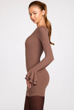 Ribbed Modal Long Sleeve Draped Mini Dress in Mocha