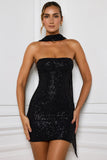 Embellished Scarf Detail Mini Dress in Black