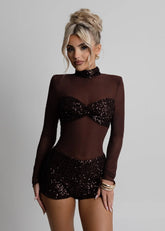 Sheer Grace Sequin Mesh Playsuit Brown
