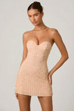 Embellished Sweetheart Neck A Line Mini Dress in Apricot