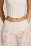 Sheer Lace Mid Rise Flared Trousers in Pearl