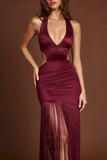 Fringed Plunge Neck Maxi Dress in Wine Red