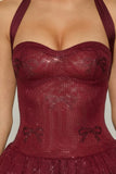 Embellished Halterneck Bubble Hem Mini Dress in Wine Red