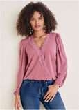 Faux Wrap Lace Trim Blouse Heather Rose