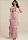 Embroidered Fringe Long Dress Tan