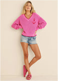 Anchor V Neck Sweater Hot Pink