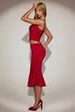 Lace Mid Rise Fluted Midi Skirt in True Red