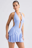 Ruffled Cut Out Halterneck Mini Dress in Periwinkle Blue