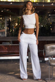 Belted Cut Out Wide Leg Trousers in White
