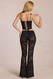 Sheer Lace Mid Rise Flared Trousers in Black
