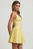 Broderie Anglaise Bow Detail A Line Mini Dress in Pastel Yellow