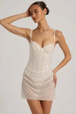 Semi Sheer Embellished Draped Corset Mini Dress in White