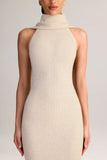 Rib Knit Scarf Detail Halterneck Maxi Dress in Cream