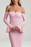 Off Shoulder Ruffle Lace Maxi Dress in Soft Pink