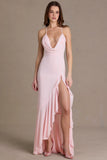 Chiffon Cowl Neck Open Back Gown in Baby Pink