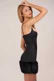 Satin Square Neck Corset Faux Fur Mini Dress in Black
