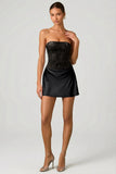Embellished Draped Strapless A Line Mini Dress in Black