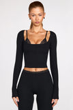 Ribbed Modal Long Sleeve Laced Bra Top in Black
