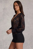 Sheer Lace Plunge Neck Loose Fit Playsuit in Black