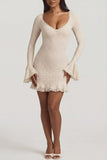 Long Sleeve Ruffled Lace Mini Dress in Ivory