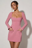 Sweetheart Neck Long Sleeve A Line Mini Dress in Dusty Pink