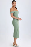 Off Shoulder Midaxi Dress in Khaki Green