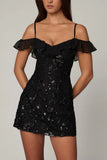 Embellished Lace Up A Line Mini Dress in Black