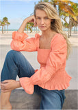 Smocked Ruffle Hem Top Coral