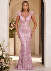 Evening Allure Sequin Feather Gown Pink