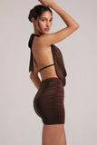 Draped Cowl Mini Dress in Chocolate Brown