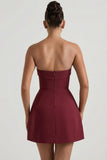 Foldover Neck Strapless Structured A Line Mini Dress in Wine Red