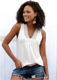 Crochet Inset V Neck Tank White