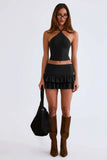 Modal Ruffle Mid Rise Mini Skort in Black