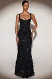 Embellished Appliqué Soft Scoop Corset Gown in Black