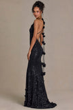 Embellished Plunge Open Back Gown in Black