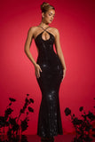 Embellished Cut Out Halterneck Gown in Black