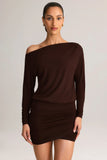 Modal Off Shoulder Wrap Mini Dress in Chocolate Brown