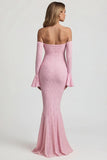 Off Shoulder Ruffle Lace Maxi Dress in Soft Pink