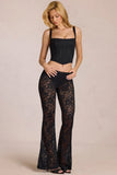 Sheer Lace Mid Rise Flared Trousers in Black