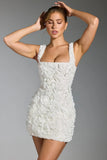 Floral Appliqué Square Neck Corset Mini Dress in White